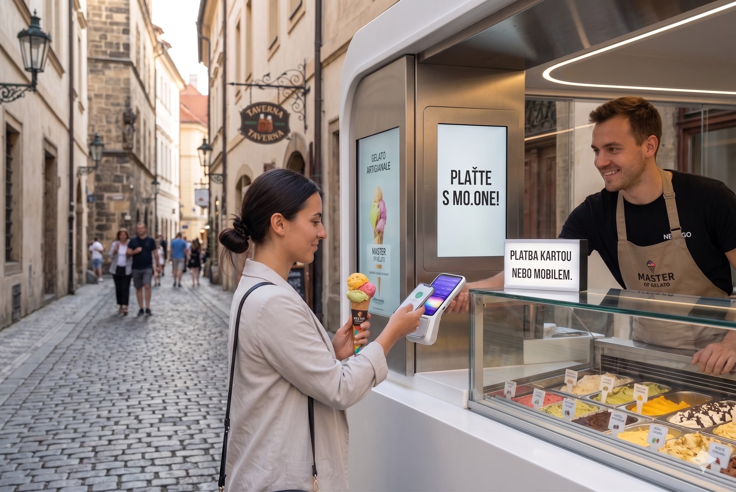Hostka platí mobilem za zmrzlinu na NEXGO terminálu v Praze · Mo.one obchodník